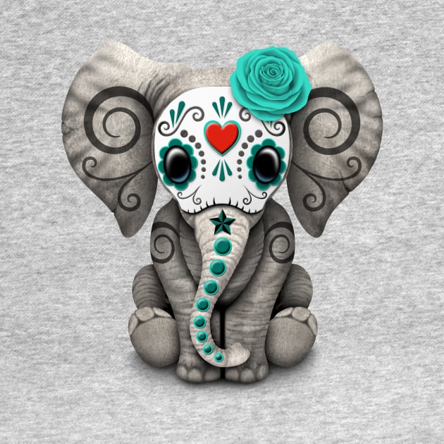 Teal Blue Day of the Dead Sugar Skull Baby Elephant by jeffbartels